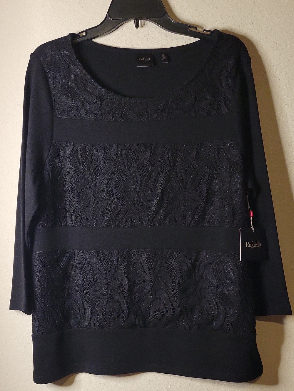 Rafaella black scoop-neck top, Lace Panels, 3/4 Sleeve, L, NWT